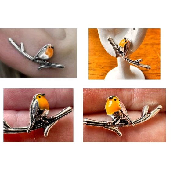 Robin Bird Earrings Ear Climbers New Orange Silver Tree Branch Loved One… - Picture 5 of 12